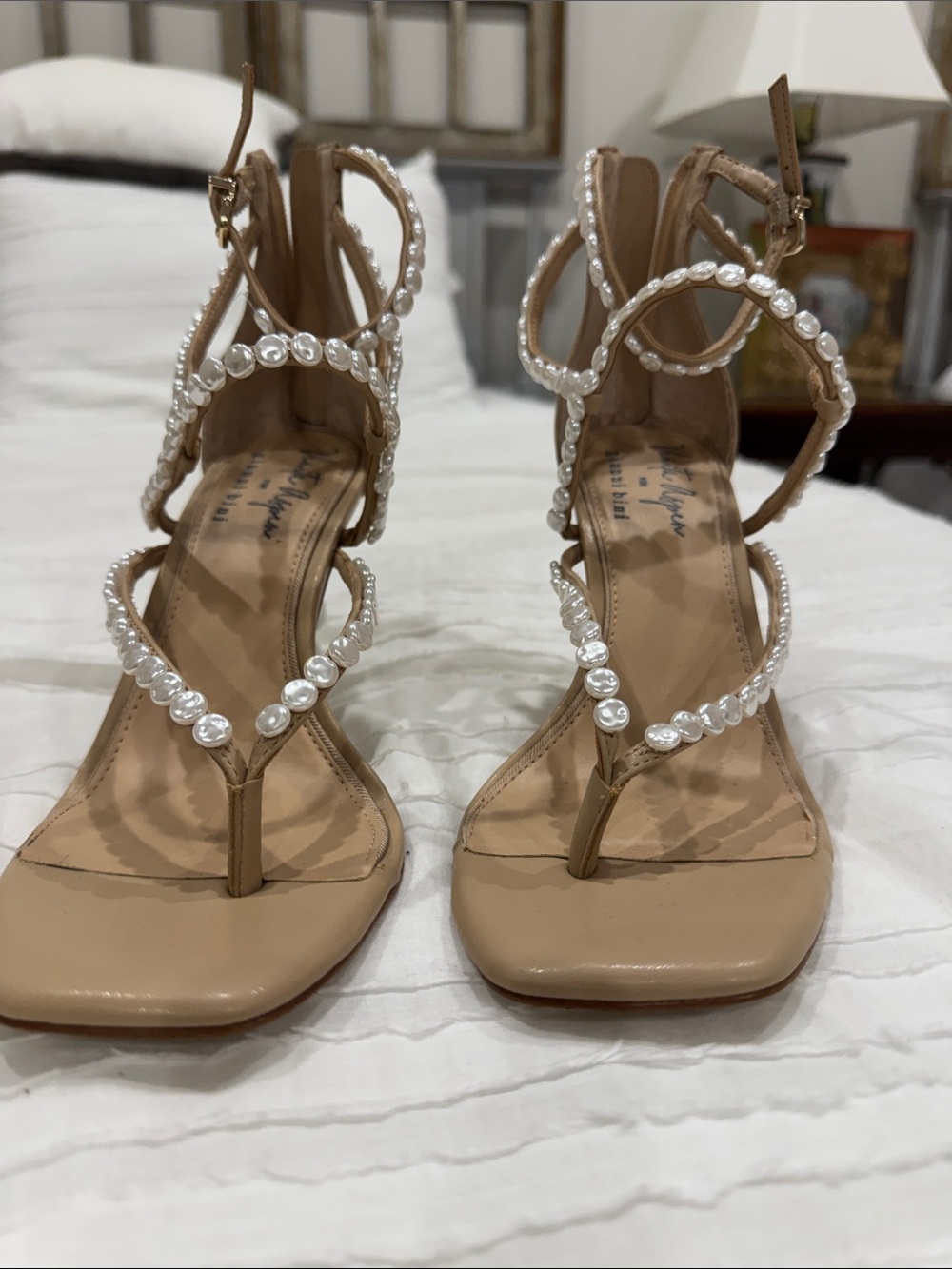 Gianni Bini Nude Pearl-Strap Heeled Sandals